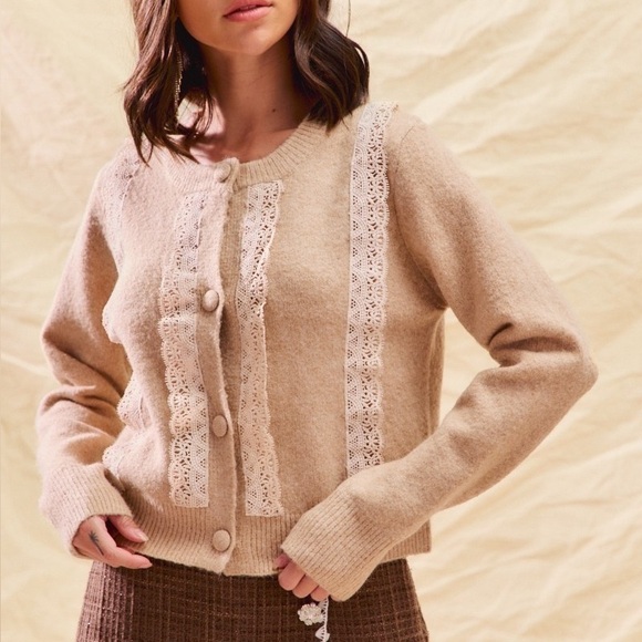 Sweaters - Front Lace Trim Button Cardigan Sweater
 Beige Lace-Trimmed Sweater